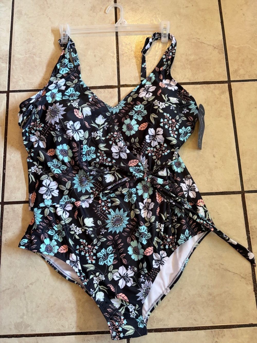 Floral Black One-Piece Swimsuit with Tie Waist
